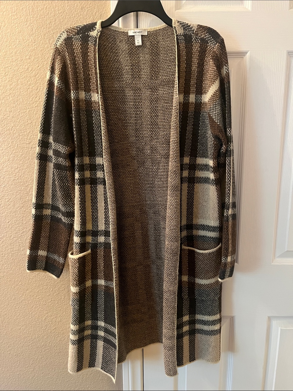 Nine West Long Open-Front Plaid Sweater Cardigan - Brown/Cream